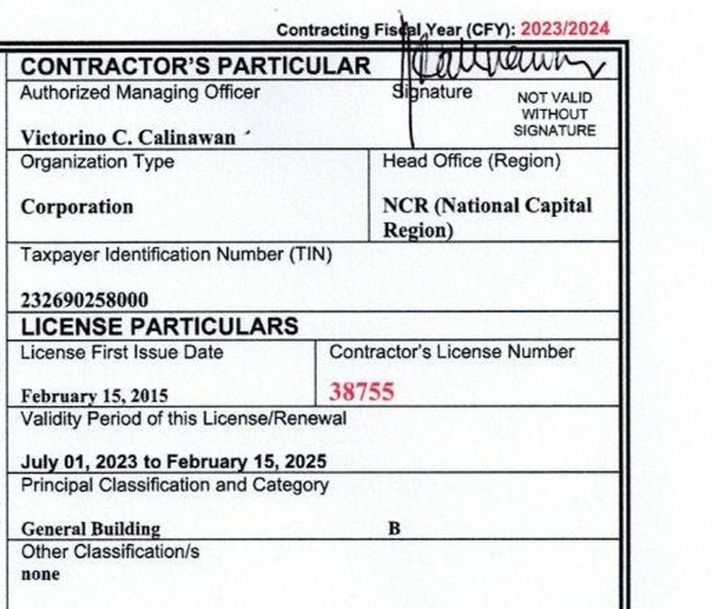 Detail of the PCAB licence: Dencons Genservices Corporation, licence number 38755, General Building Category B